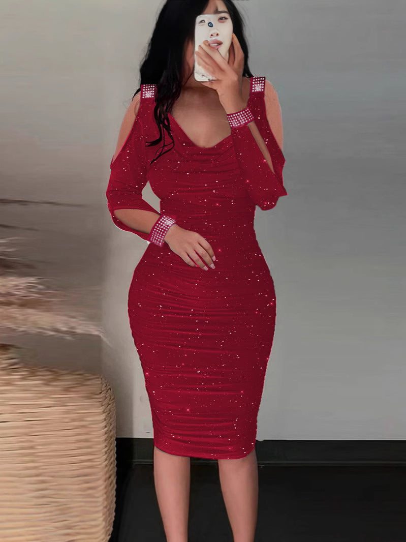 Ruched Pencil Midi Dress with Cold-Shoulder and Rhinestone Trim