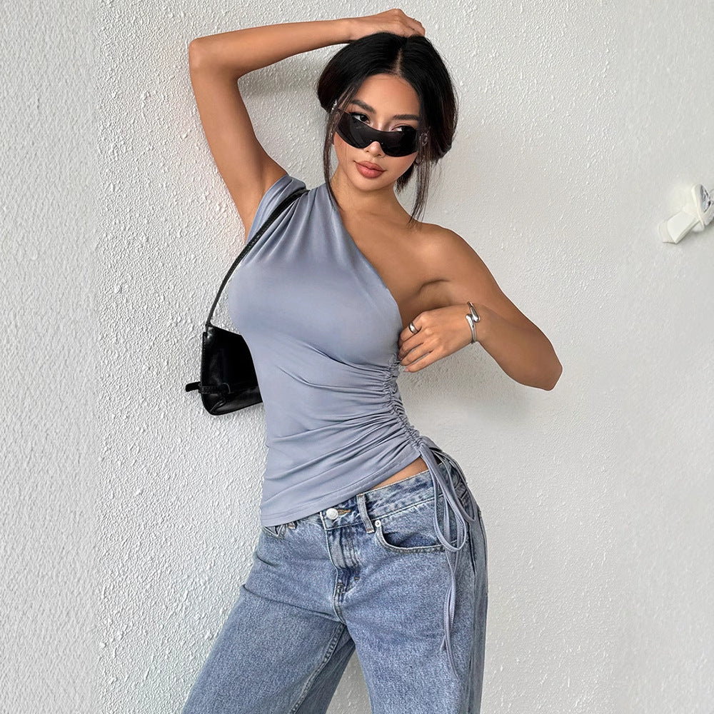 Slim Fit One-Shoulder Top with Side Ruched Lace-Up Detail