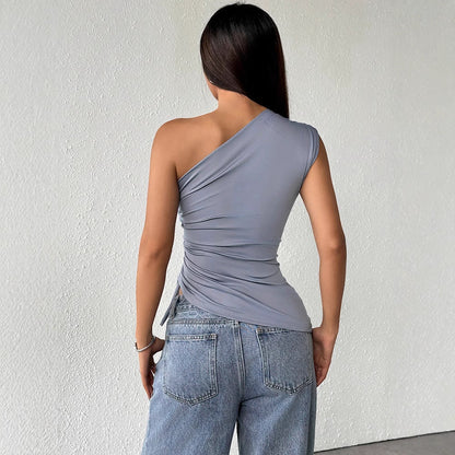 Slim Fit One-Shoulder Top with Side Ruched Lace-Up Detail