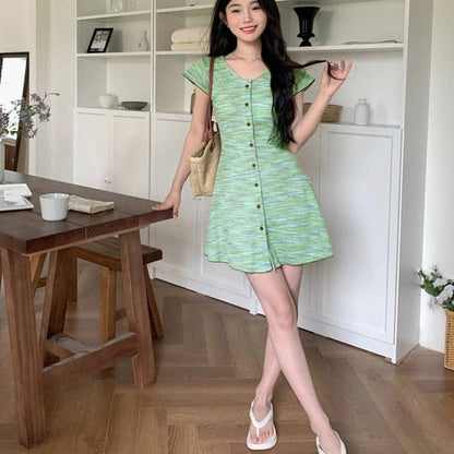 A-Line Space-Dyed Knit Mini Dress with Button Front