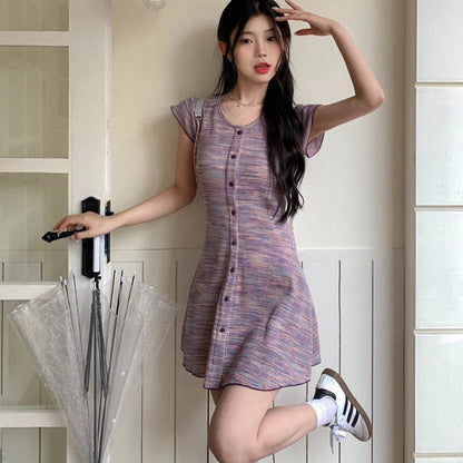 A-Line Space-Dyed Knit Mini Dress with Button Front