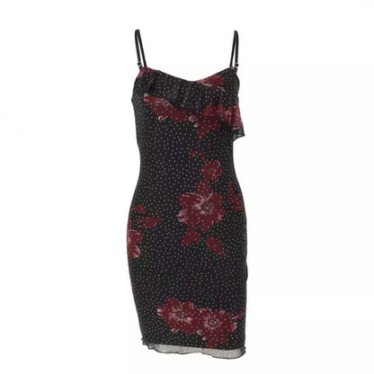 Floral Print Mesh Bodycon Dress with Ruffle V-Neck