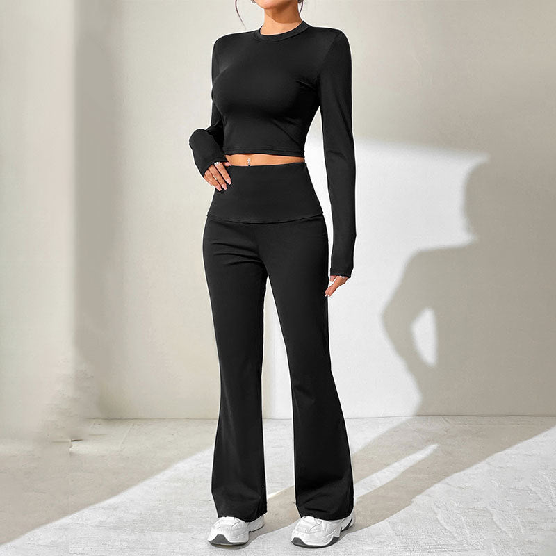 Solid Two-Piece Set with Cropped Top and High-Waist Flared Trousers