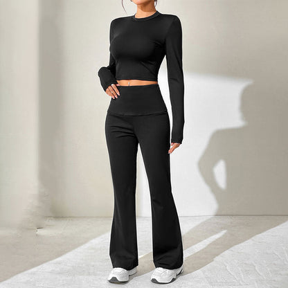 Solid Two-Piece Set with Cropped Top and High-Waist Flared Trousers