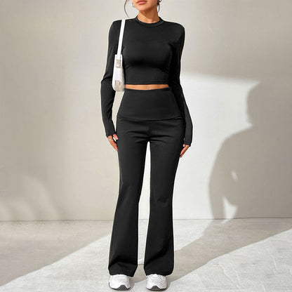 Solid Two-Piece Set with Cropped Top and High-Waist Flared Trousers