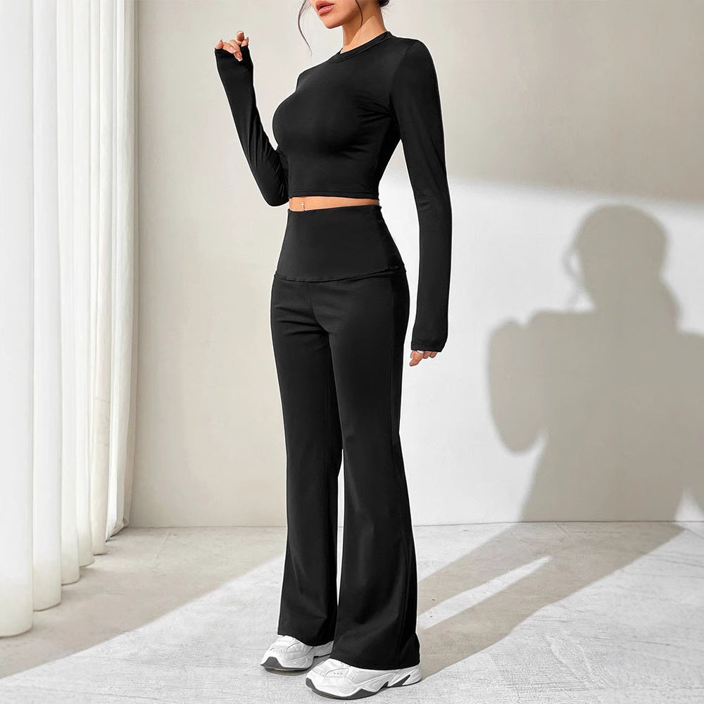 Solid Two-Piece Set with Cropped Top and High-Waist Flared Trousers