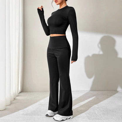 Solid Two-Piece Set with Cropped Top and High-Waist Flared Trousers