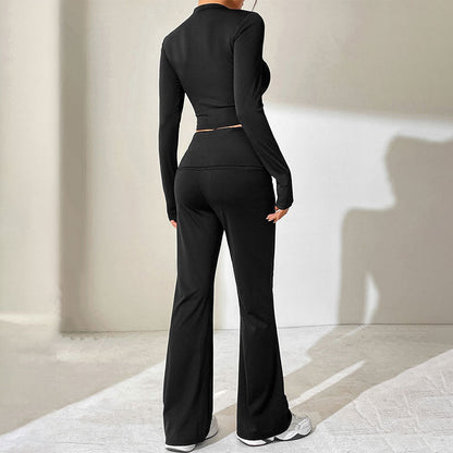 Solid Two-Piece Set with Cropped Top and High-Waist Flared Trousers