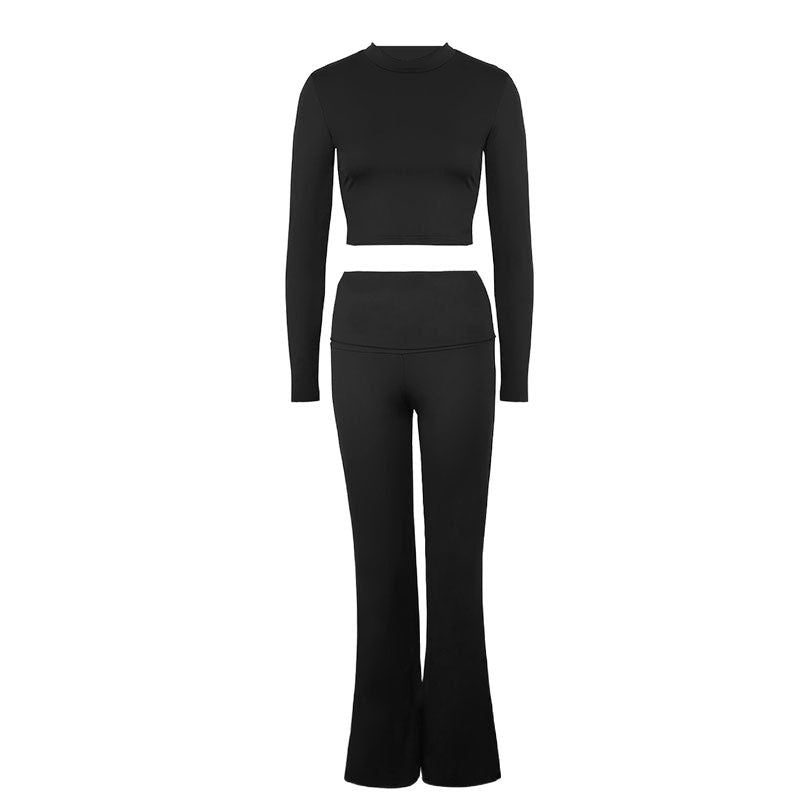 Solid Two-Piece Set with Cropped Top and High-Waist Flared Trousers