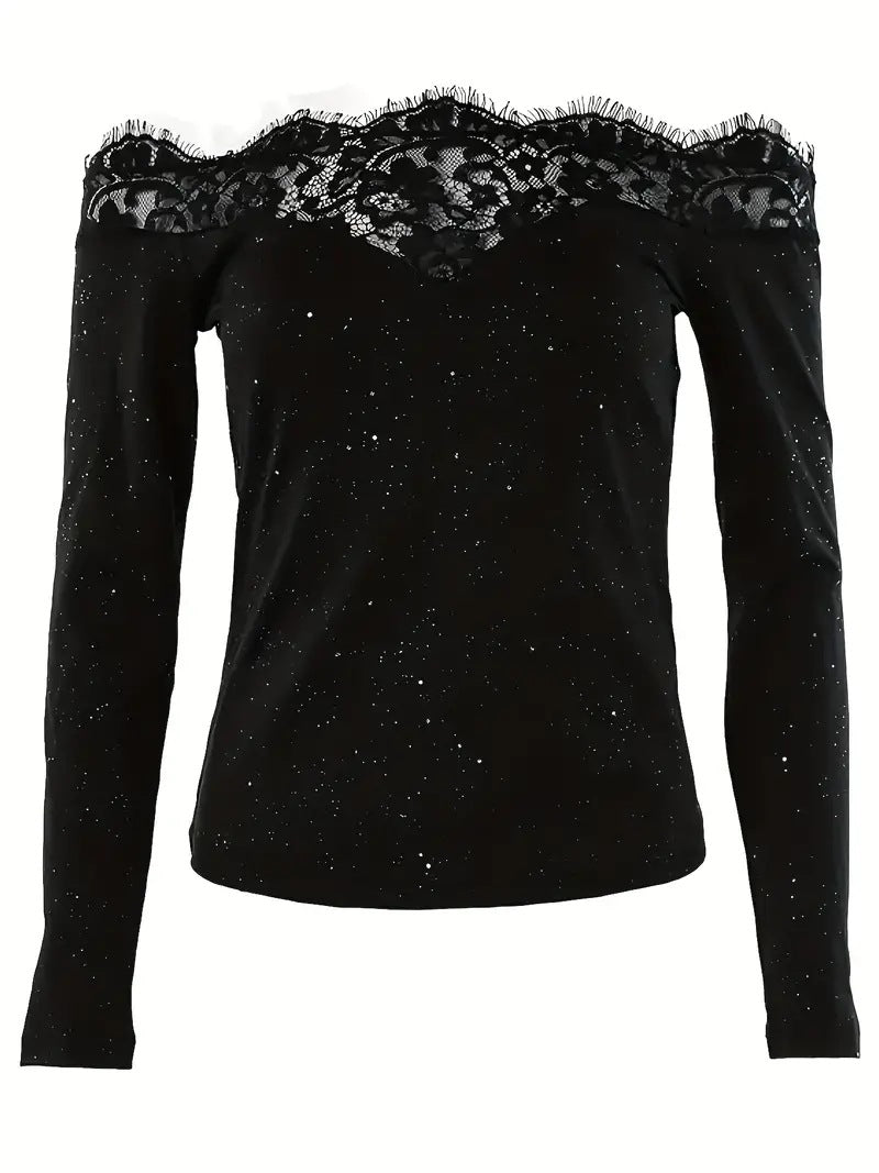 Slim Fit Off-Shoulder Top with Lace Trim and Glitter Detail