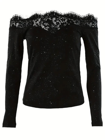 Slim Fit Off-Shoulder Top with Lace Trim and Glitter Detail