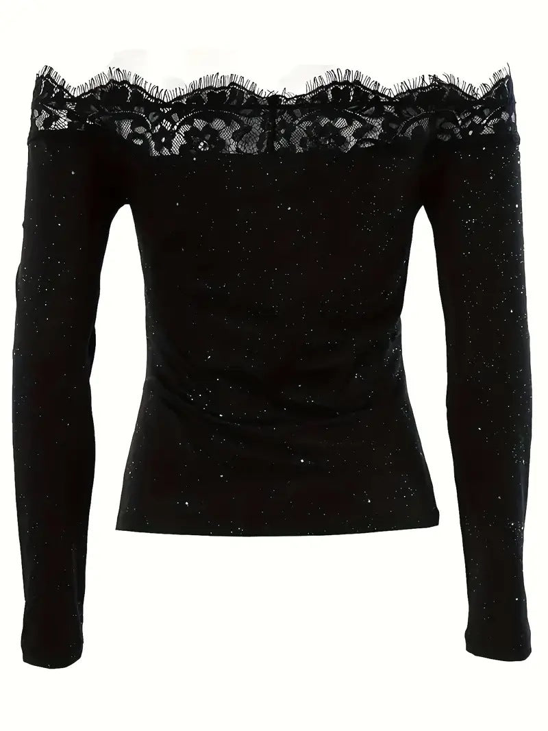 Slim Fit Off-Shoulder Top with Lace Trim and Glitter Detail