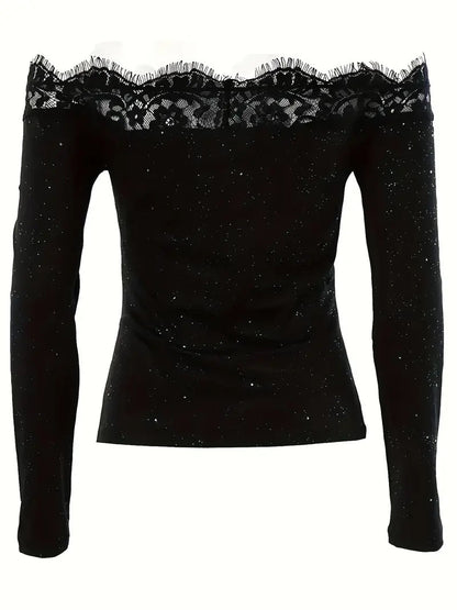 Slim Fit Off-Shoulder Top with Lace Trim and Glitter Detail