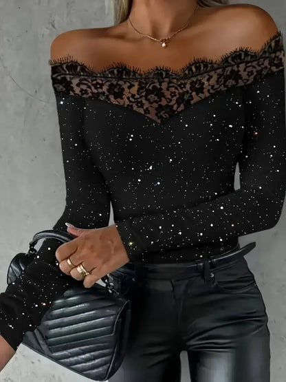 Slim Fit Off-Shoulder Top with Lace Trim and Glitter Detail