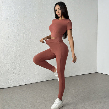 Ribbed Short-Sleeve Yoga Set with V-Waist Leggings