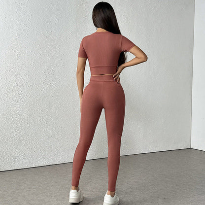 Ribbed Short-Sleeve Yoga Set with V-Waist Leggings