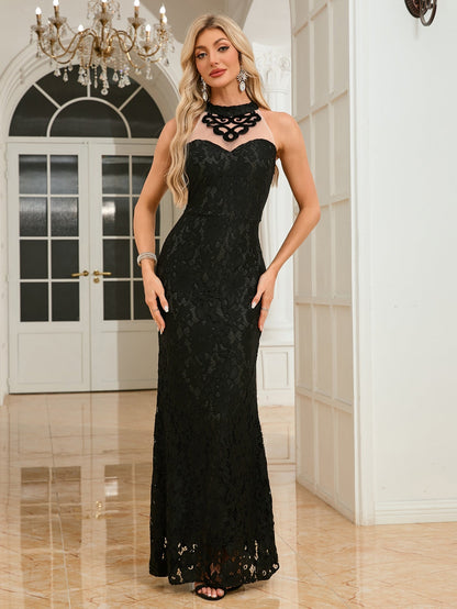 Lace Fishtail Evening Dress with Stand Collar and Sheer Panel