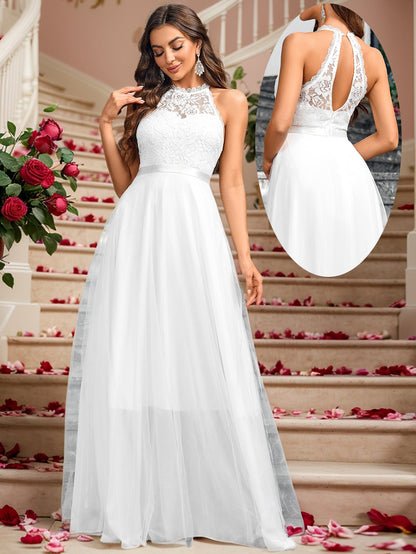 A-Line Maxi Dress with Lace Halter Neck and Backless Detail