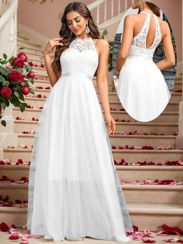 A-Line Maxi Dress with Lace Halter Neck and Backless Detail