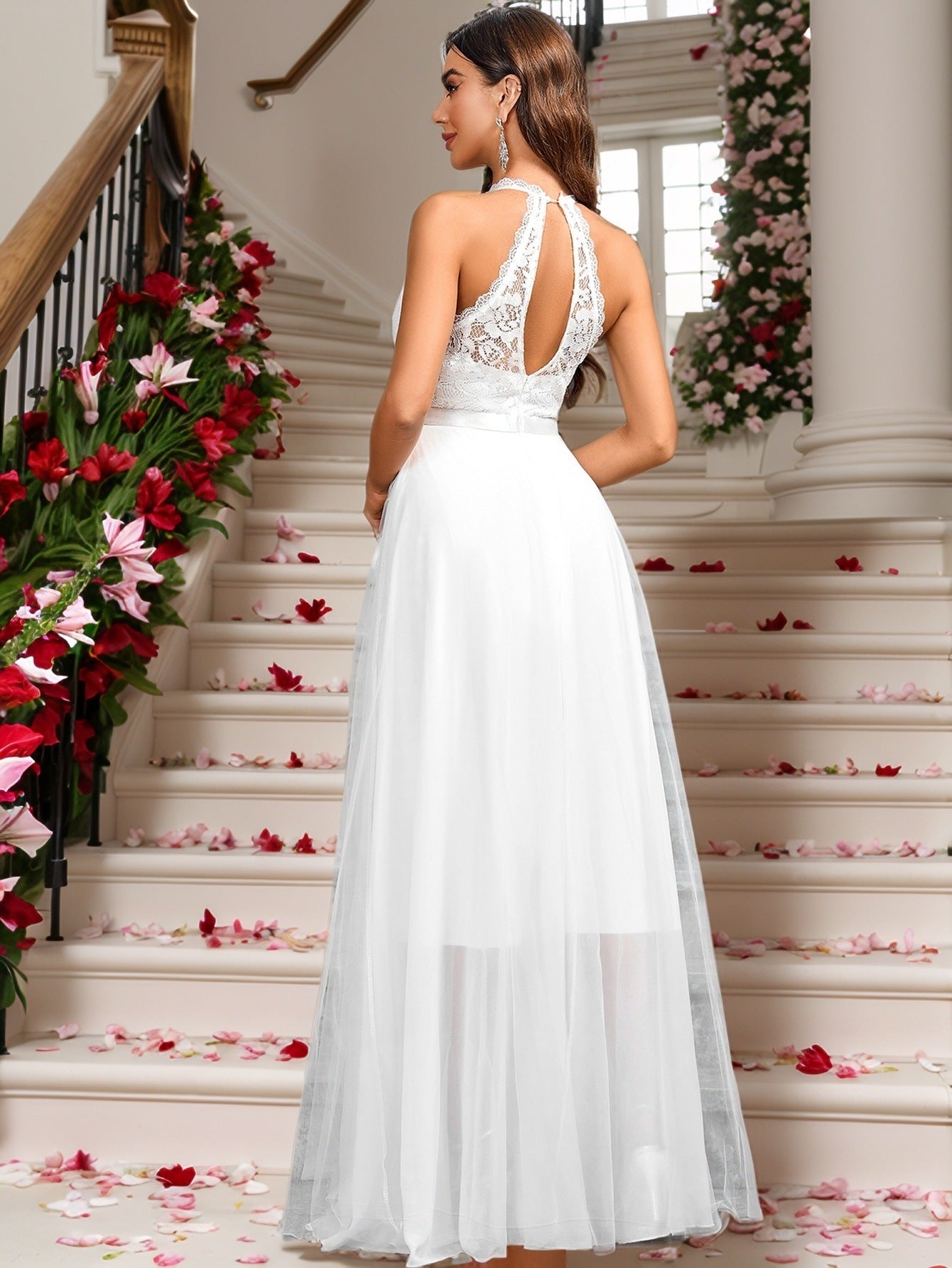 A-Line Maxi Dress with Lace Halter Neck and Backless Detail