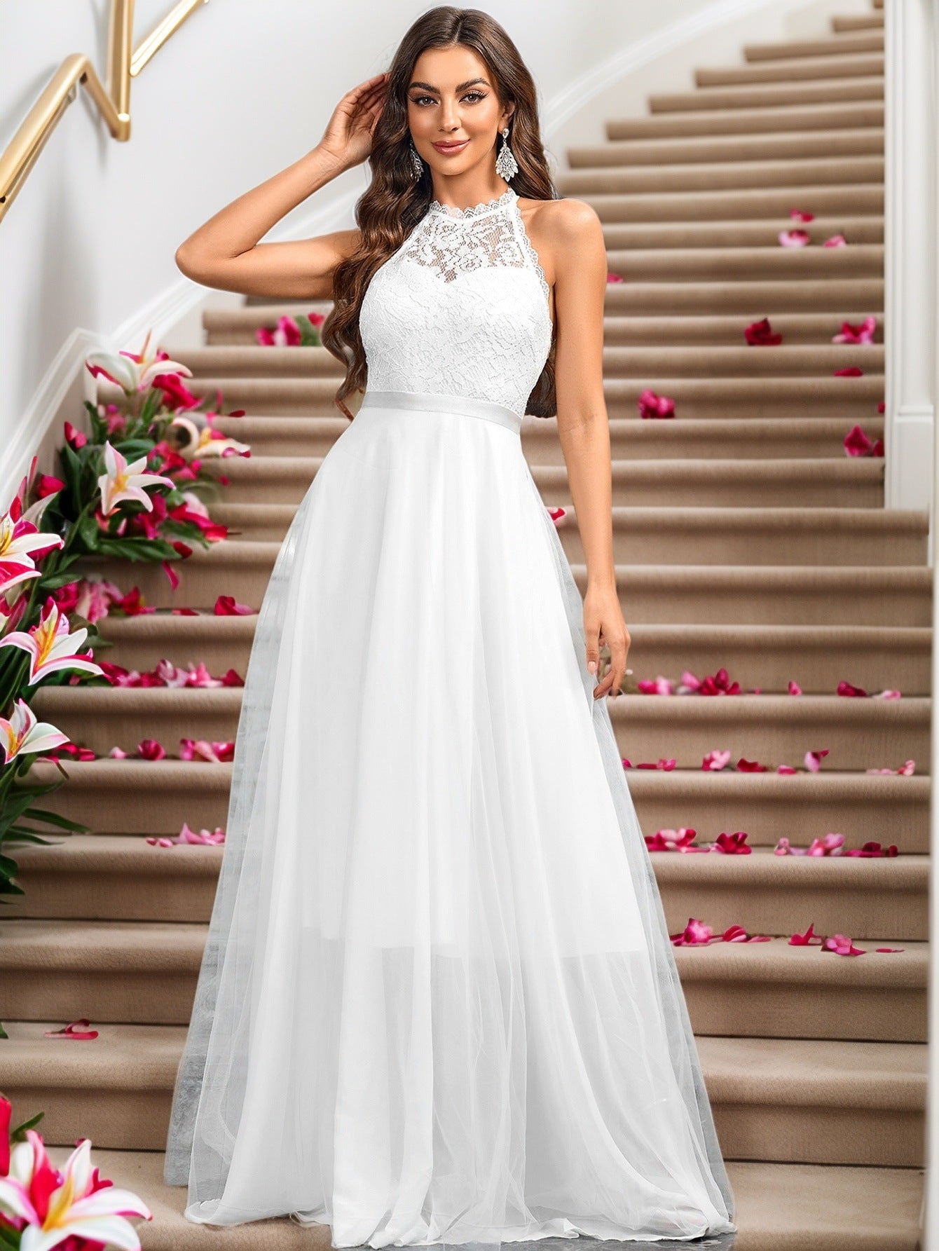 A-Line Maxi Dress with Lace Halter Neck and Backless Detail
