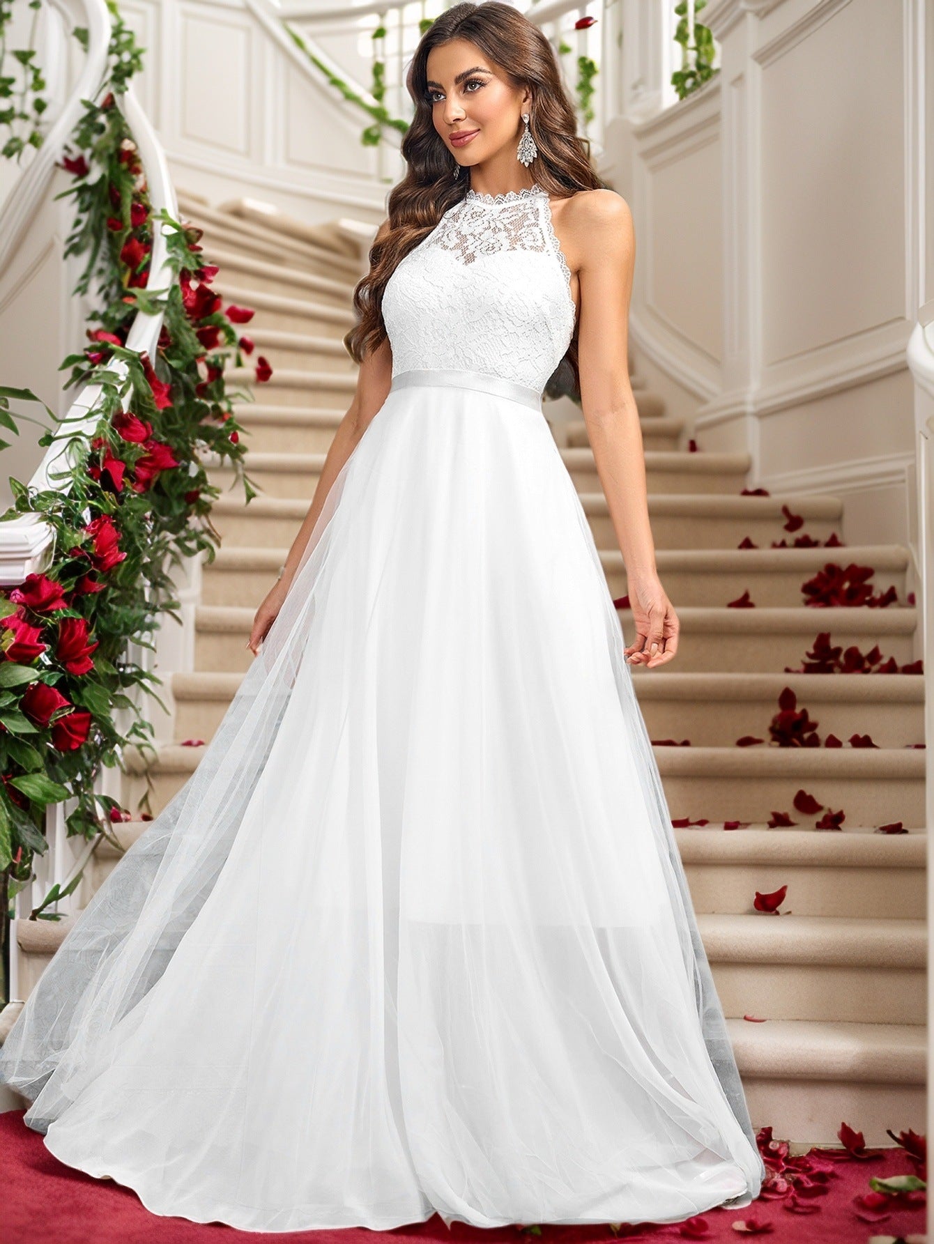 A-Line Maxi Dress with Lace Halter Neck and Backless Detail