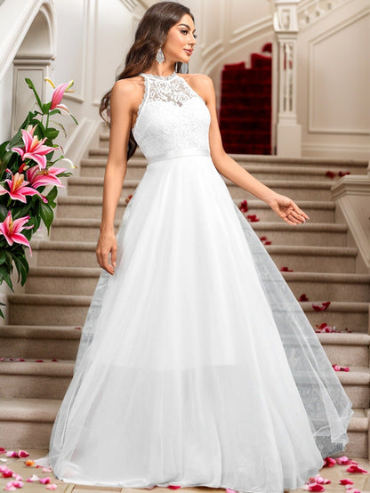 A-Line Maxi Dress with Lace Halter Neck and Backless Detail