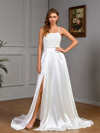 A-Line Satin Gown with Lace Bodice and Lace-Up Back