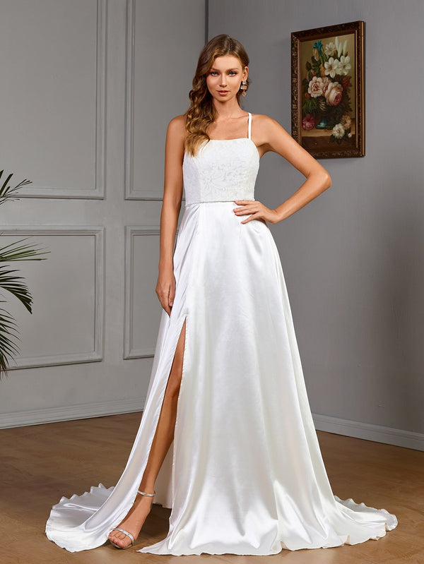 A-Line Satin Gown with Lace Bodice and Lace-Up Back
