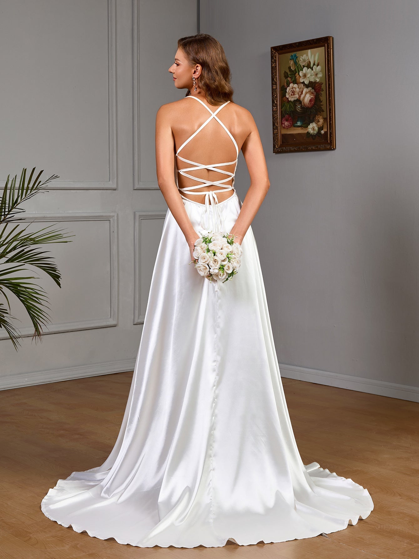 A-Line Satin Gown with Lace Bodice and Lace-Up Back