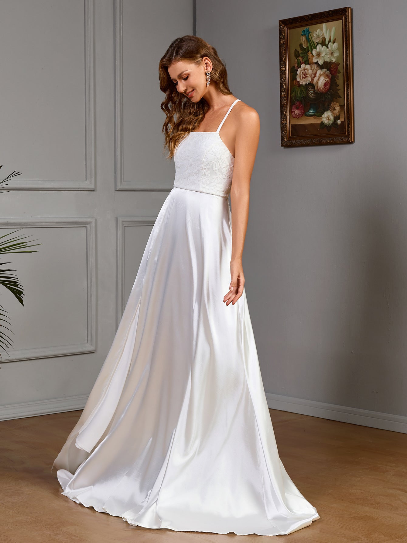 A-Line Satin Gown with Lace Bodice and Lace-Up Back