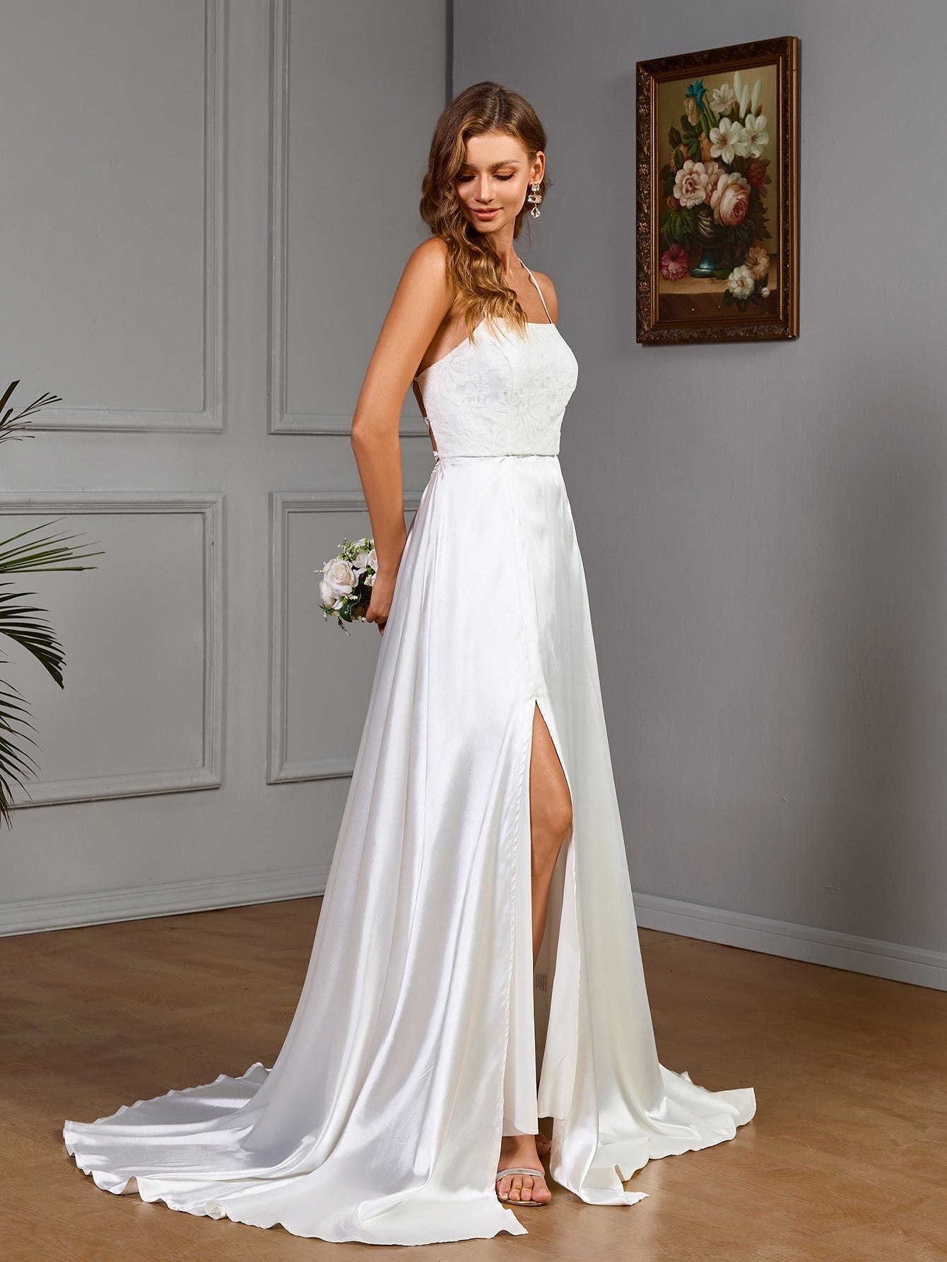 A-Line Satin Gown with Lace Bodice and Lace-Up Back