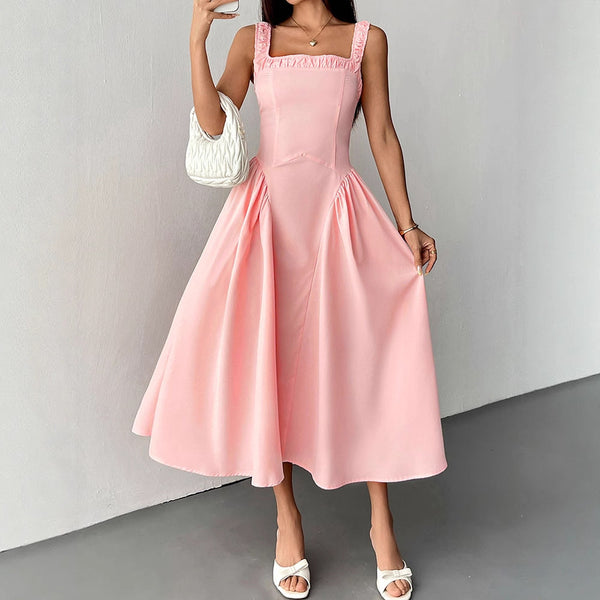 A-Line Midi Dress with Square Neck and Pleated Skirt