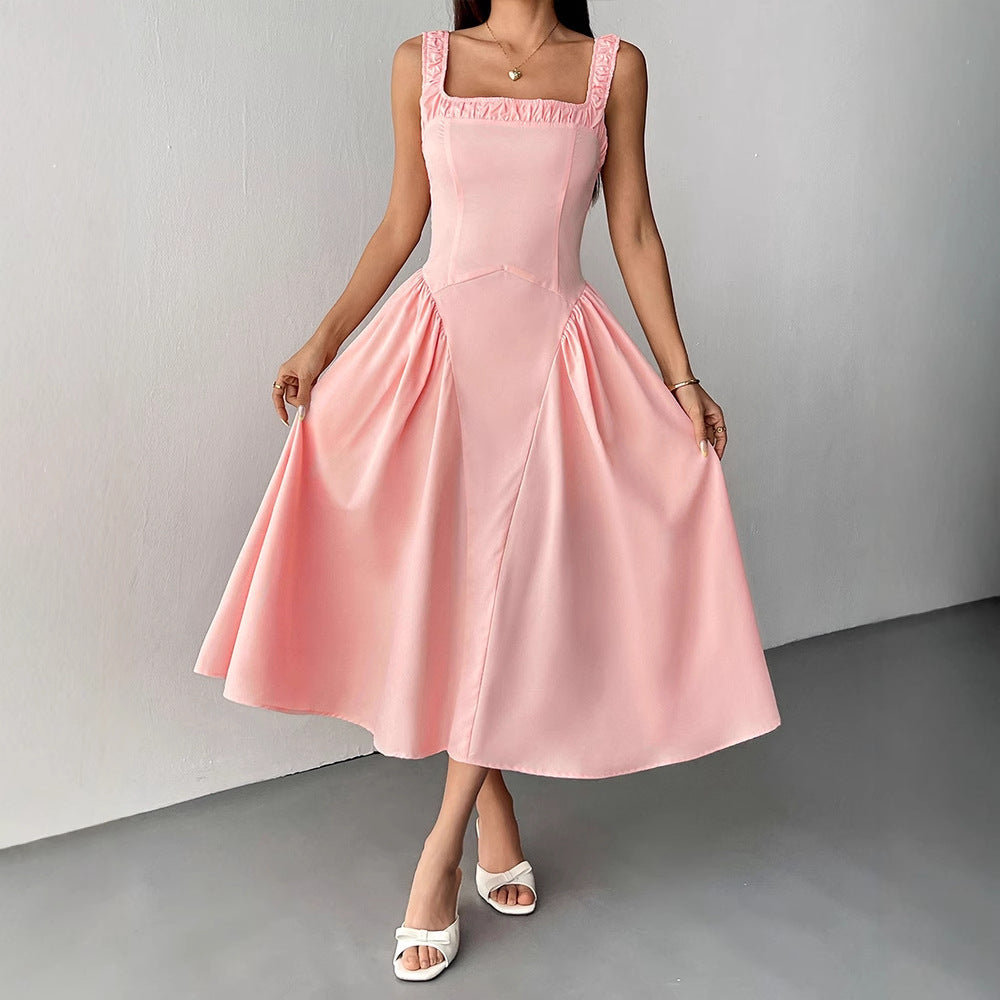 A-Line Midi Dress with Square Neck and Pleated Skirt