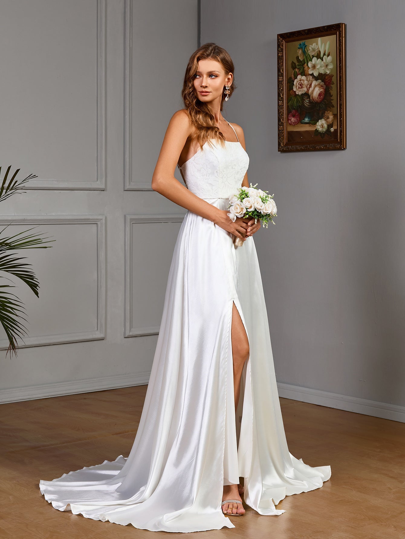 A-Line Satin Gown with Lace Bodice and Lace-Up Back