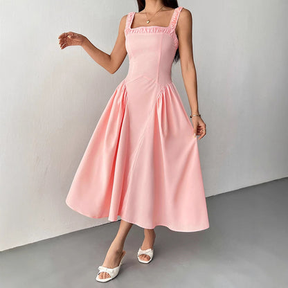 A-Line Midi Dress with Square Neck and Pleated Skirt