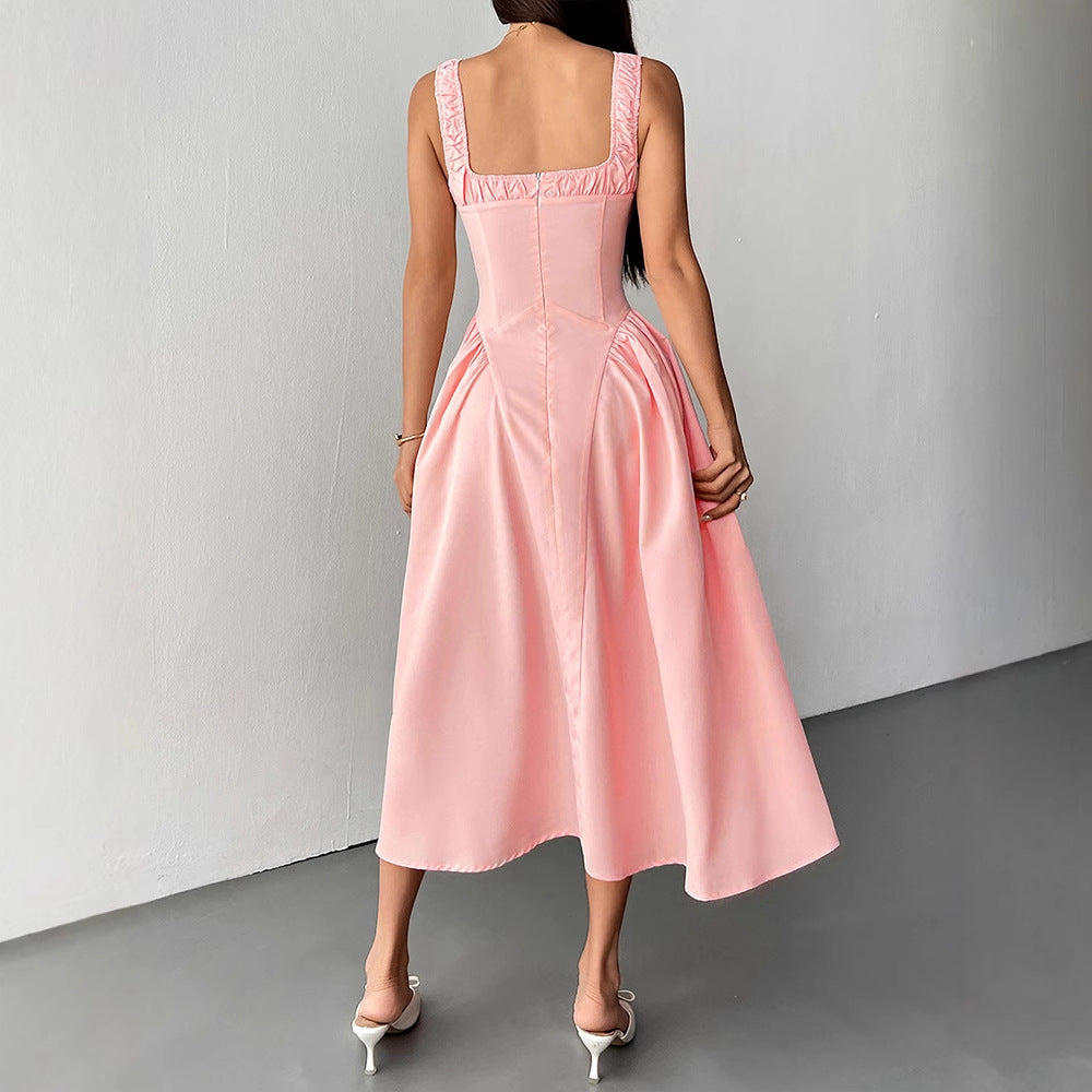 A-Line Midi Dress with Square Neck and Pleated Skirt