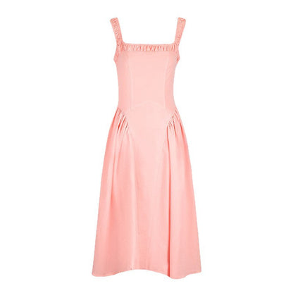 A-Line Midi Dress with Square Neck and Pleated Skirt