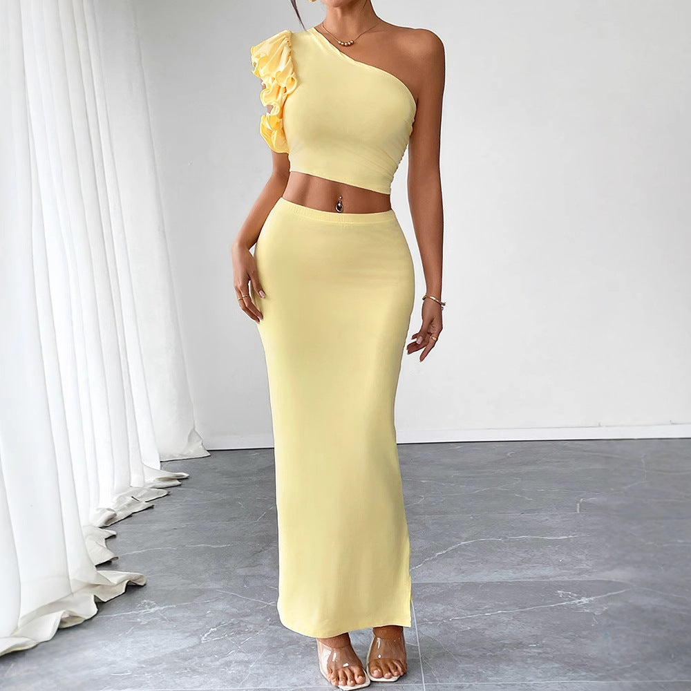Bodycon Maxi Skirt Set with One-Shoulder Ruffle Detail