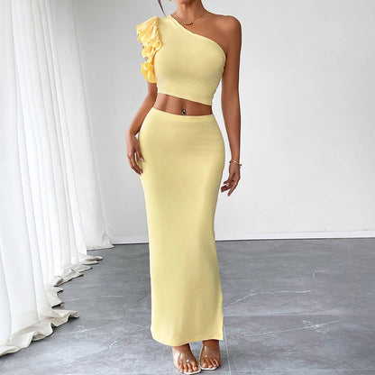 Bodycon Maxi Skirt Set with One-Shoulder Ruffle Detail