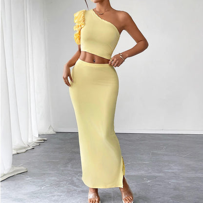 Bodycon Maxi Skirt Set with One-Shoulder Ruffle Detail