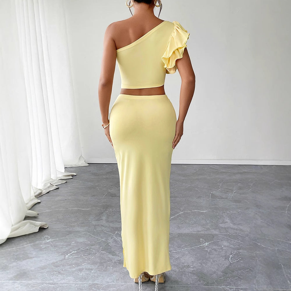 Bodycon Maxi Skirt Set with One-Shoulder Ruffle Detail
