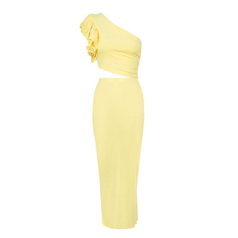Bodycon Maxi Skirt Set with One-Shoulder Ruffle Detail