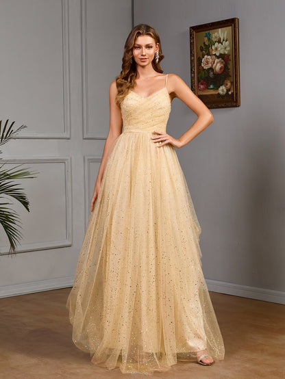 A-Line Maxi Dress with Sequined Mesh and V-Neck