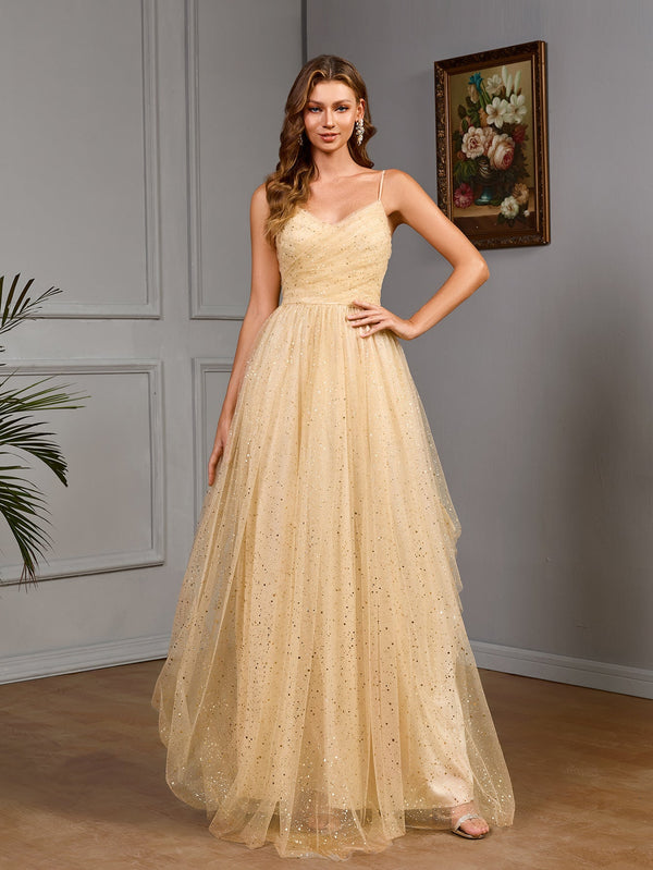 A-Line Maxi Dress with Sequined Mesh and V-Neck