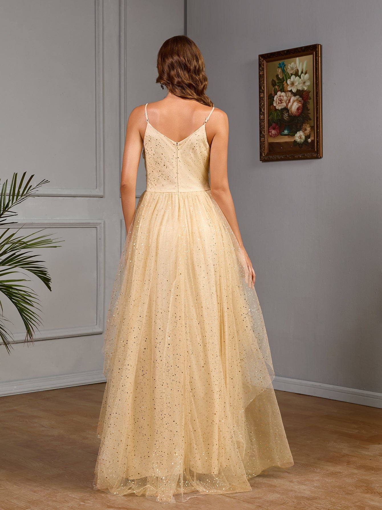 A-Line Maxi Dress with Sequined Mesh and V-Neck