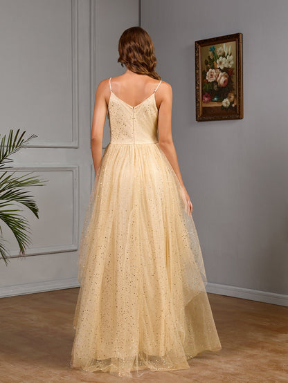 A-Line Maxi Dress with Sequined Mesh and V-Neck