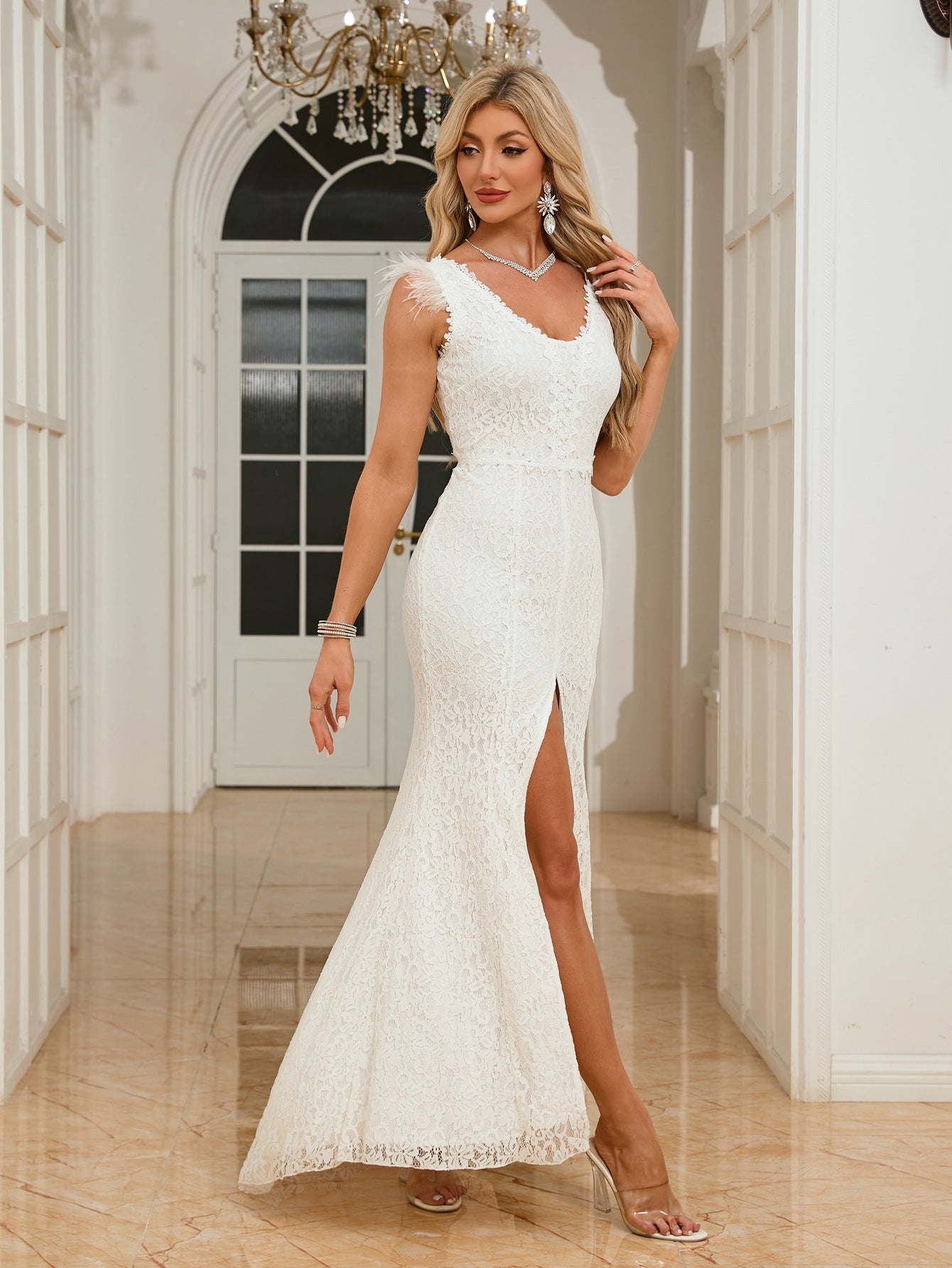 Sheath Lace Maxi Dress with Feather Trim and High Slit