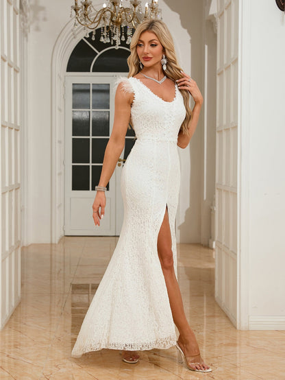 Sheath Lace Maxi Dress with Feather Trim and High Slit