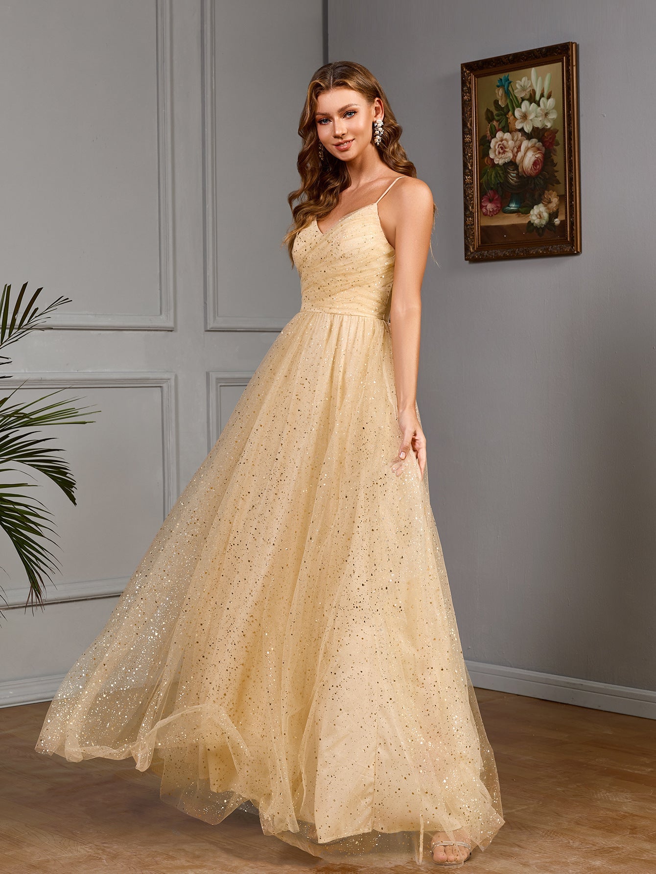 A-Line Maxi Dress with Sequined Mesh and V-Neck